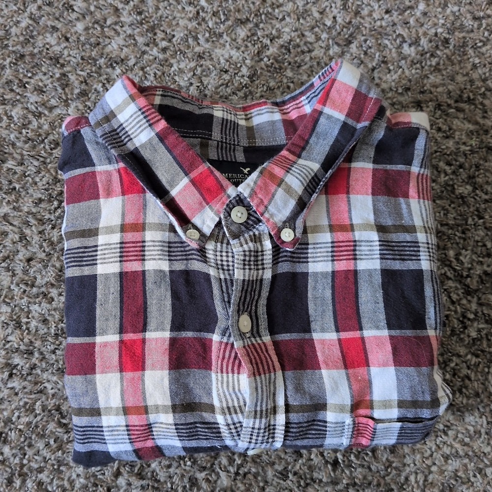 American Eagle Seriously Soft Plaid Shirt Mens 2XL Red Black Button Down Cotton